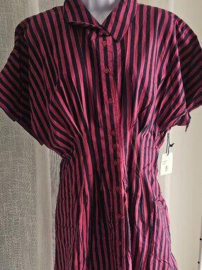 Lea Short Sleeve Pleated Waist Striped Maxi Dress Navy Size M NWT